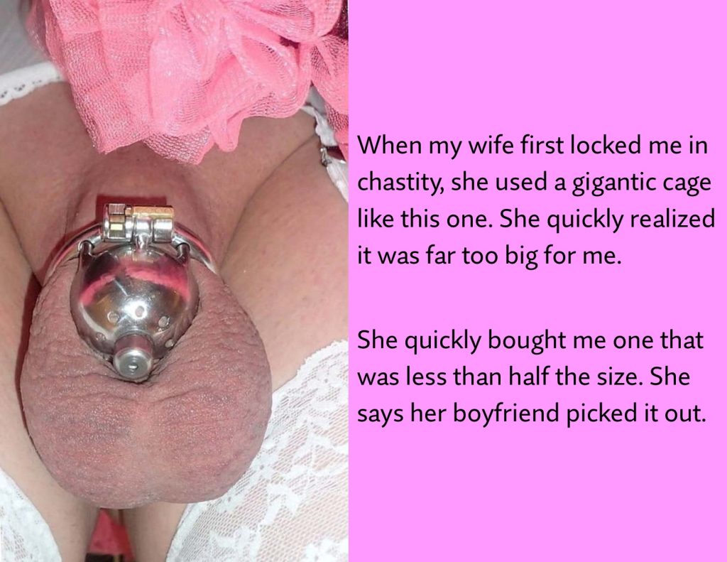 An image depicting a chastity device positioned between human body parts, with a pink decorative element in the background. Text on the side explains the context of its use.