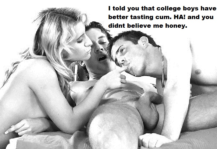 A black and white image depicting two adults engaging with a third adult in a suggestive manner, with captions commenting humorously on the situation.