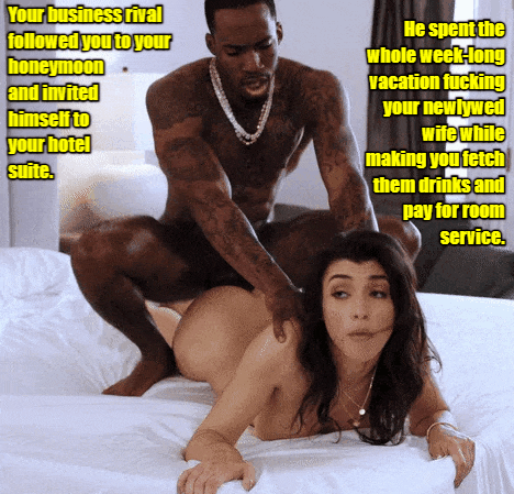 A scene depicting a man and a woman in a hotel room setting, with the man interacting closely with the woman, who appears surprised or uncomfortable. Text overlay includes commentary about a business rival and a honeymoon.