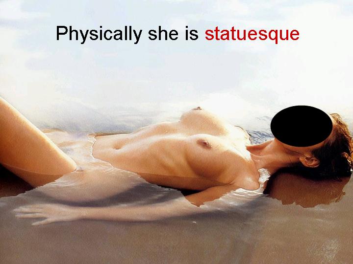 A woman lying in shallow water, partially submerged, with text overlay describing her as 'statuesque'.