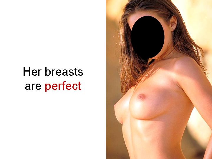 A partially nude woman with a blurred face, posing in a natural outdoor setting, accompanied by text describing her features.