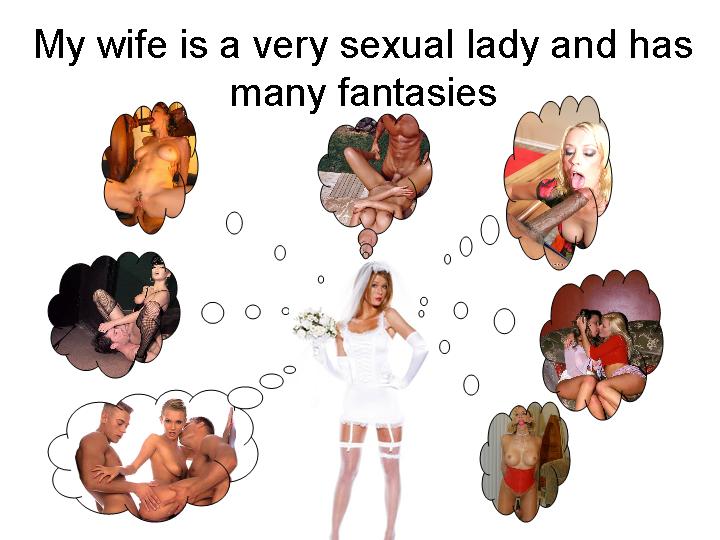 A woman in a wedding dress surrounded by thought bubbles depicting various intimate scenarios.