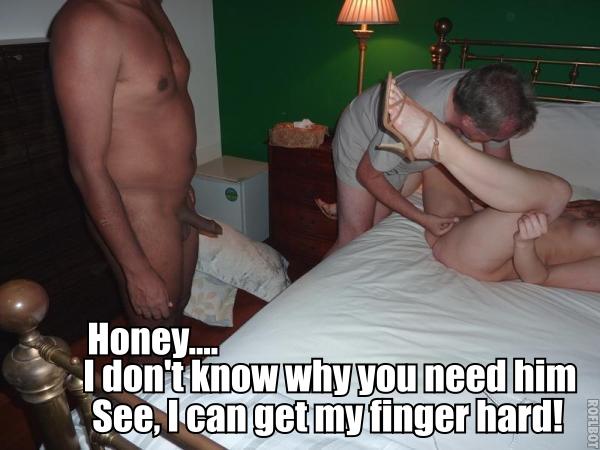 A comedic scene featuring two men and a woman on a bed, with one man humorously suggesting he can satisfy the woman with his finger while she appears to be engaged with the other man.