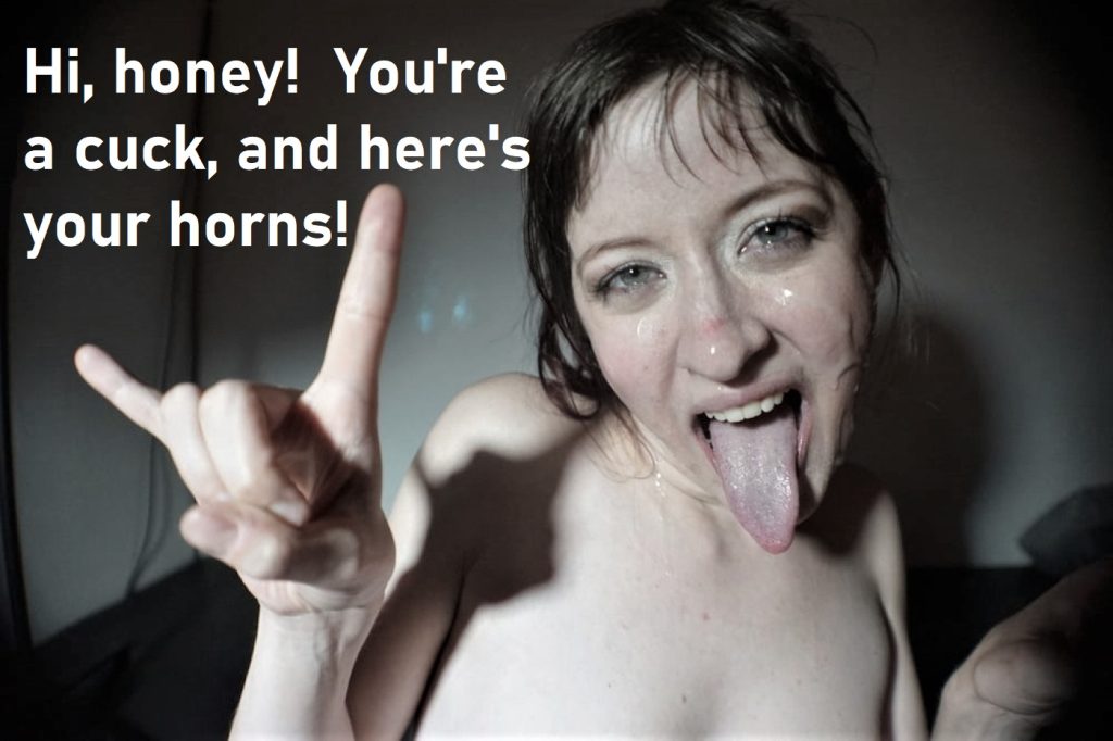 A person with short hair making a playful face, sticking out their tongue and holding up a hand gesture, with text overlay that reads 'Hi, honey! You're a cuck, and here's your horns!'